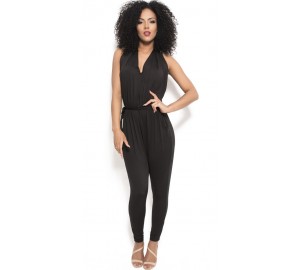 'Ainoa' zwarte backless jumpsuit met diepe v hals